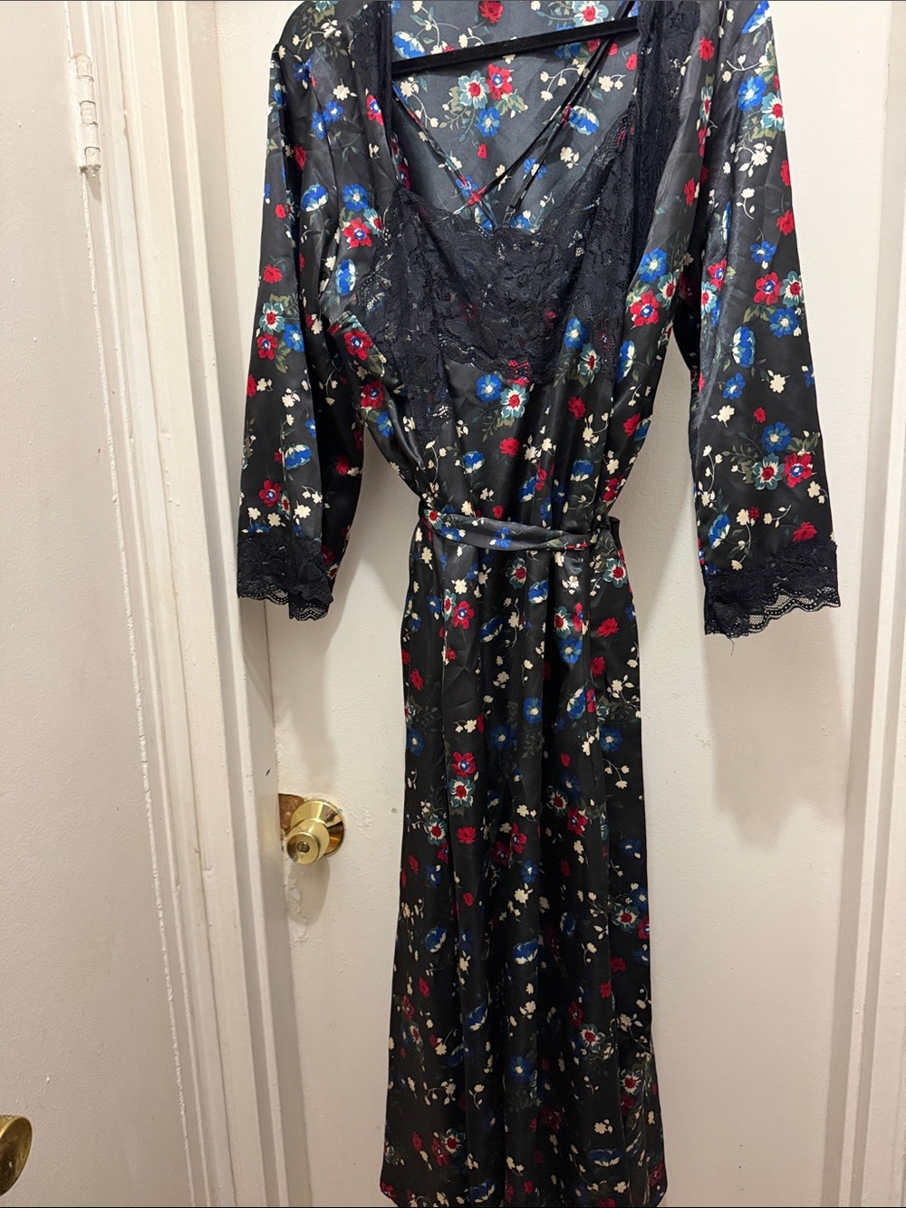 Black Satin Floral Lace-Trim Robe with Red & Blue Blooms